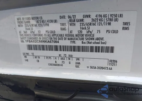 2022 Ford Transit-350 Passenger Van Xlt из США, поврежденный, VIN 1FBAX2C86NKA67084